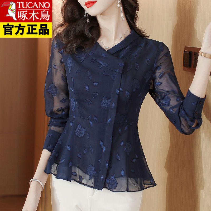 Woodpecker brand high-end chiffon shirt women  autumn new fashion temperament mom shirt top women's long-sleeved