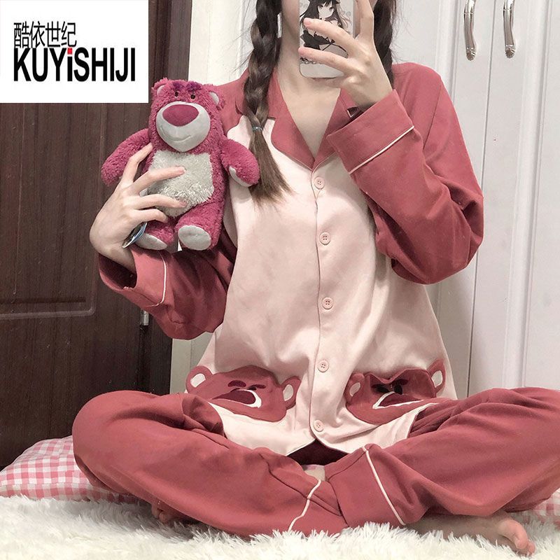 網紅草莓熊睡衣女春秋學生2022年新款可愛長袖少女卡通家居服套裝