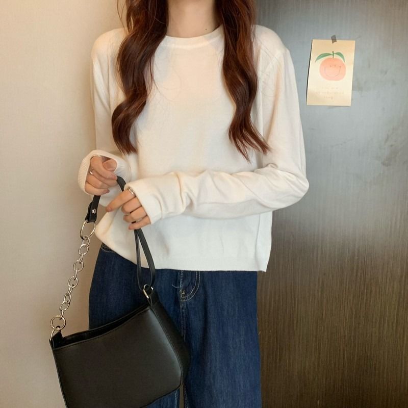 Round neck bottoming sweater for women, fall and winter inner and outer sweaters, 2023 new trendy loose short long-sleeved tops