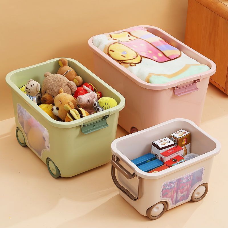 创意大号儿童收纳箱塑料玩具衣服整理箱收纳盒带滑轮巴士储物箱子