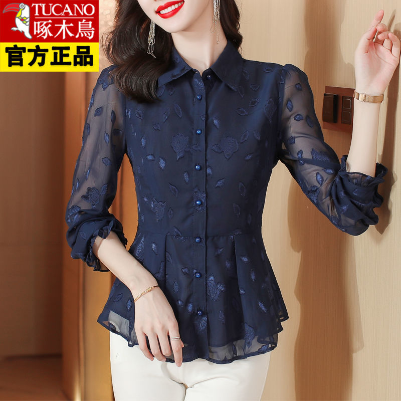 Woodpecker famous brand women's French chiffon shirt women's long-sleeved 2022 autumn new temperament thin niche top