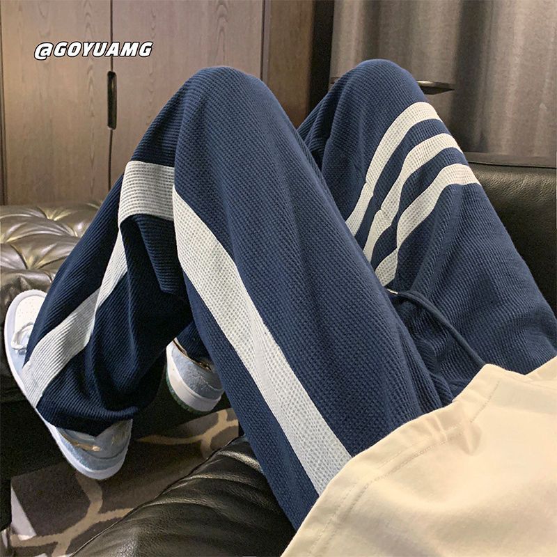 Waffle pants men's autumn trendy brand drape striped sports trousers high street straight loose wide-leg casual pants