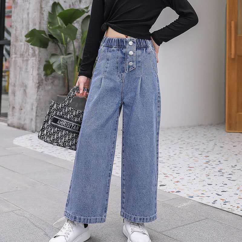 Children's clothing girls' jeans spring and autumn models middle and big children's casual fashion loose wide-leg baby girl children's trousers