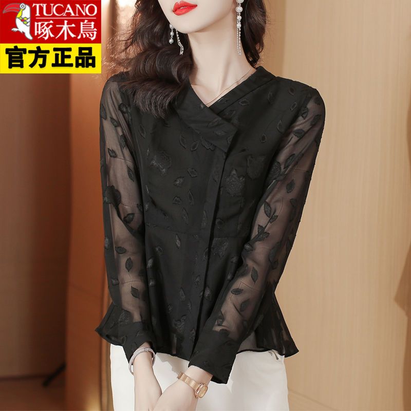 Woodpecker brand high-end chiffon shirt women  autumn new fashion temperament mom shirt top women's long-sleeved