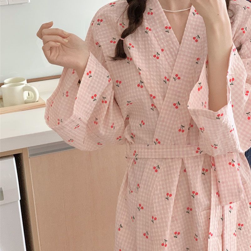 Korean version of cherry plaid nightgown strap design temperament lazy style dormitory sweet girl home service loose long skirt