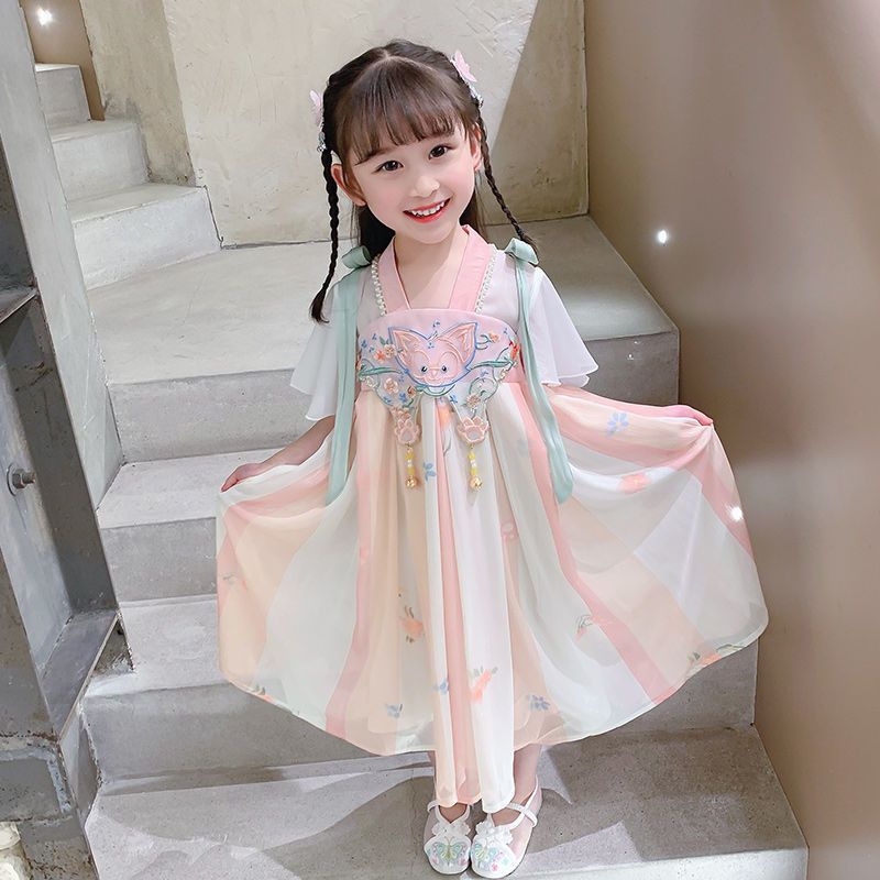 女童漢服連衣裙2022新款寶寶超仙夏裝兒童中國風夏季薄款古裝裙子