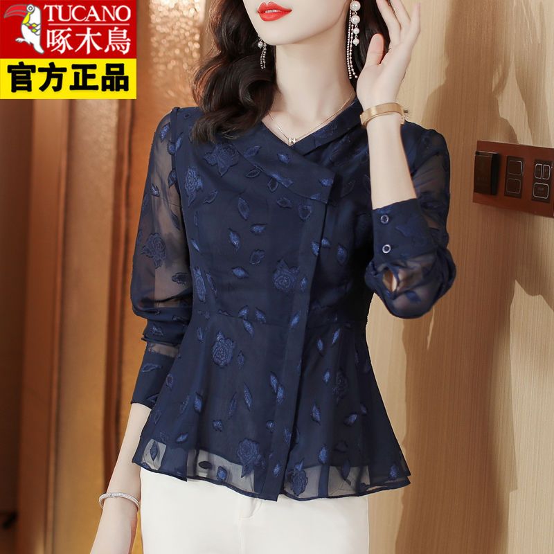 Woodpecker brand high-end chiffon shirt women  autumn new fashion temperament mom shirt top women's long-sleeved