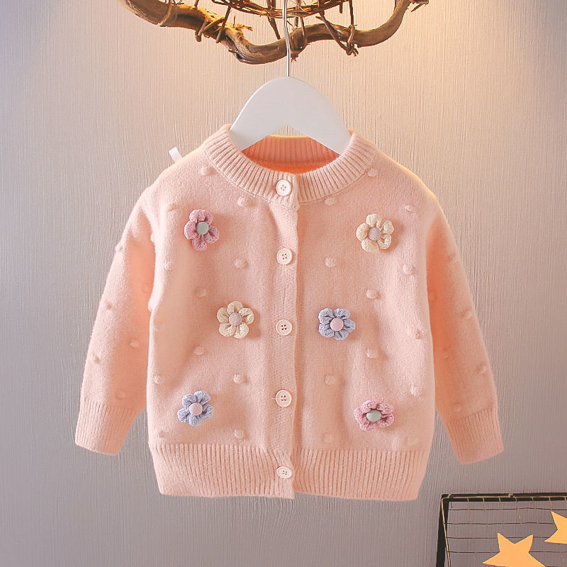 女童毛衣韩版针织开衫2022新款洋气花朵秋装上衣儿童百搭长袖外套