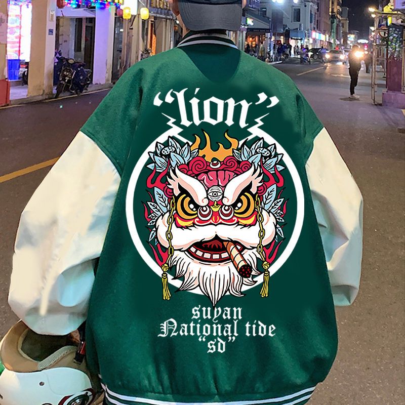 Spring and Autumn Lion Dance Print Baseball Uniform Jacket Men's 2022 Tide Brand Loose Versatile Dark Green Jacket