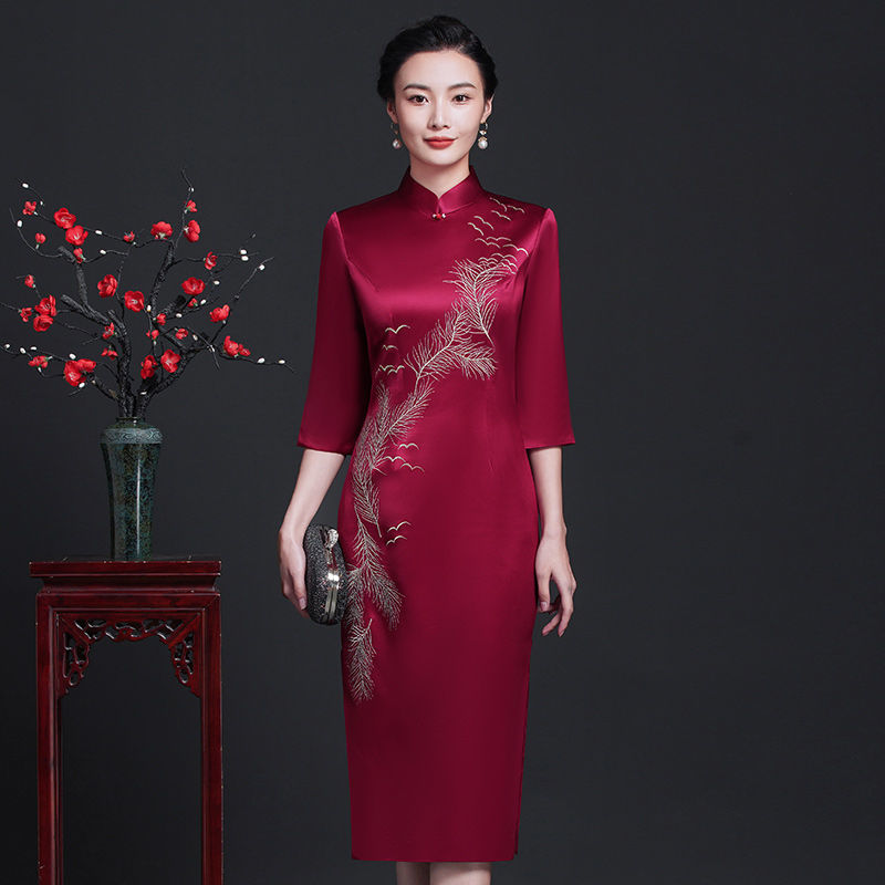 2022新款醋酸緞刺繡旗袍喜婆婆媽媽婚宴禮服復古風婚禮媽媽旗