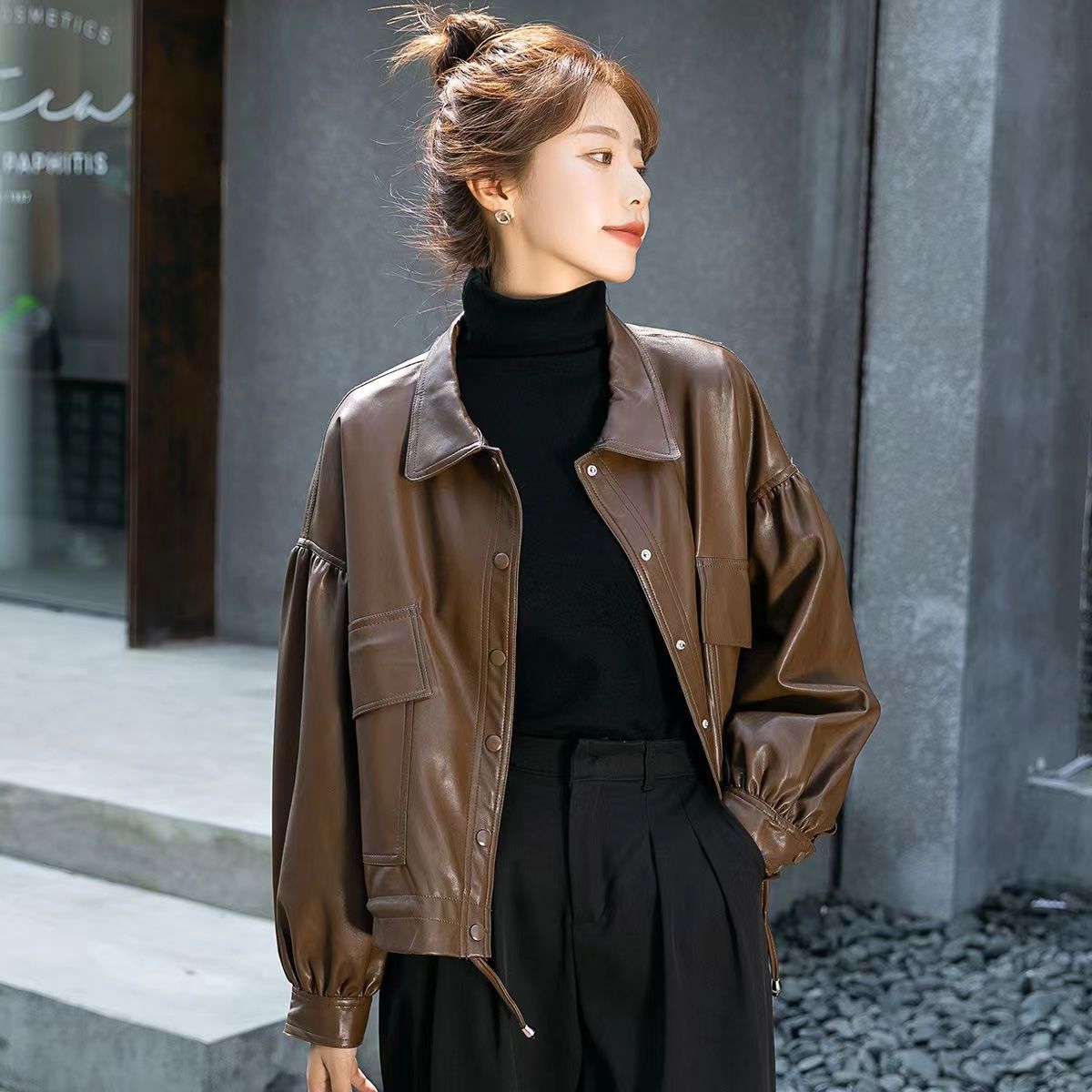 大码女装高级感皮衣外套秋季2023年新款韩版宽松复古单排扣皮夹克