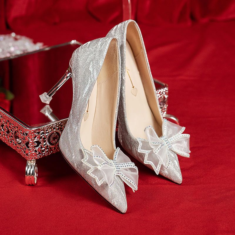 婚鞋女2022年新款主婚纱新娘鞋亮片香槟色水晶鞋尖头细跟高跟鞋女