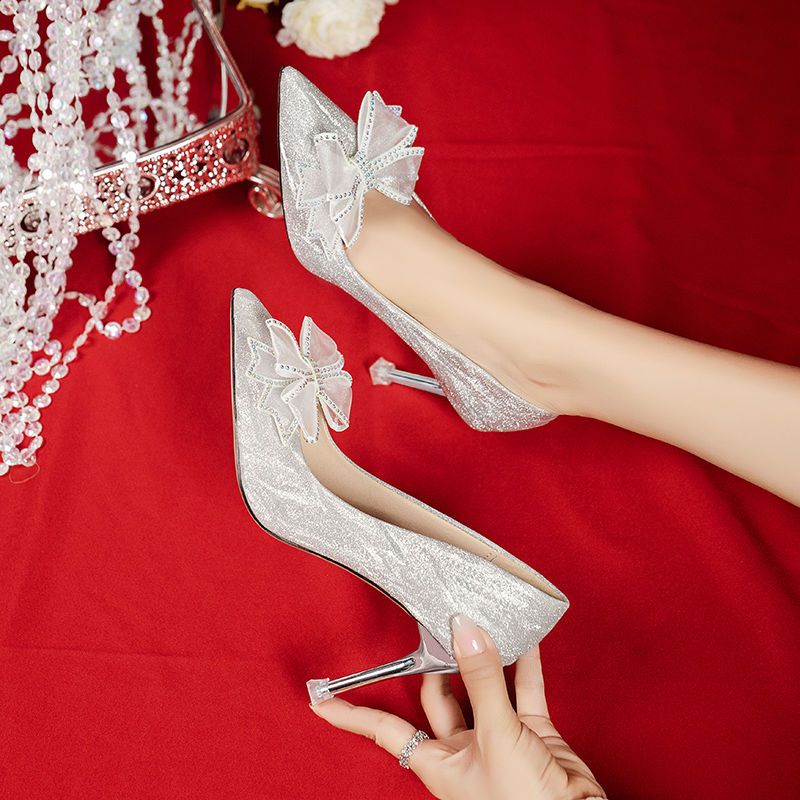 法式婚鞋女2022年新款婚纱新娘鞋金色高跟鞋蝴蝶结细跟伴娘水晶鞋