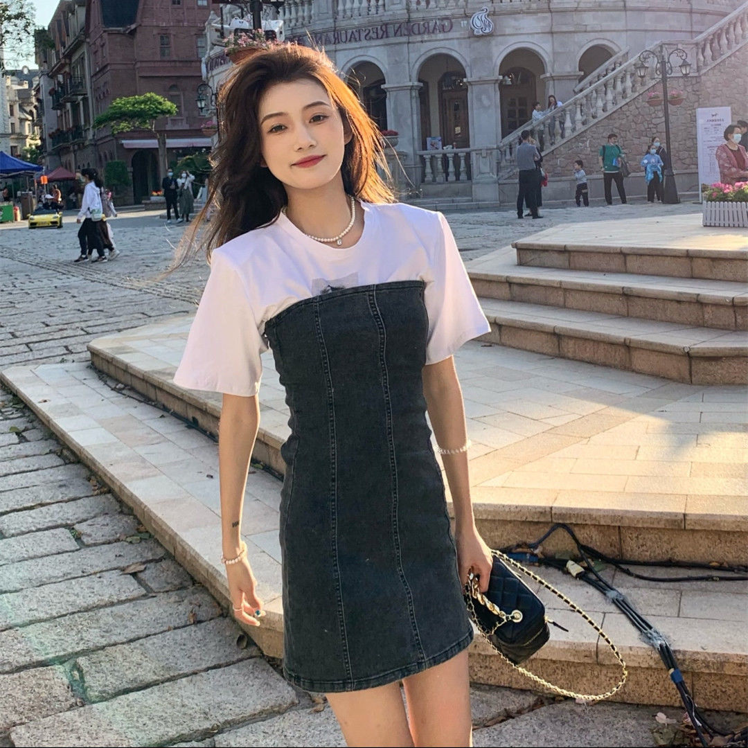 減齡氣質假兩件牛仔連衣裙女夏季大碼胖妹妹mm收腰顯瘦包臀短裙子