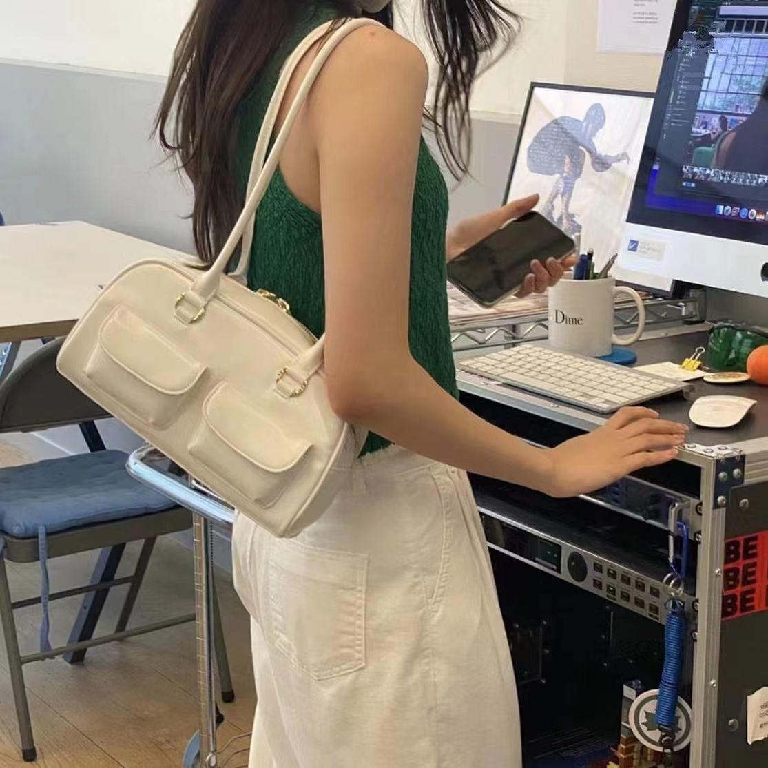 包包女2022新款hurjaboy韓國ins小眾設計白色單肩手提腋下法棍包