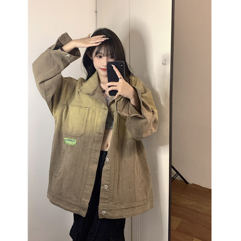 Retro tooling tie-dye gradient denim jacket female autumn loose student all-match casual jacket cardigan top tide