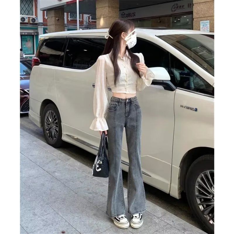 辣妹高腰顯瘦微喇叭牛仔褲女裝春季設計感寬鬆直筒闊腿褲褲子長褲