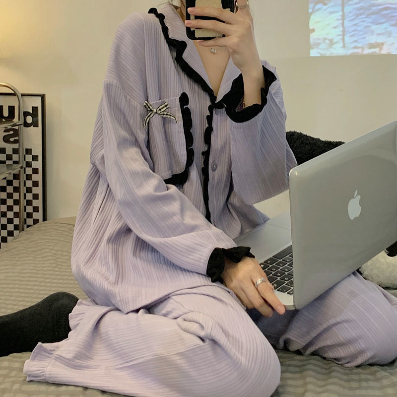 100%雙面紫色睡衣女春秋季長袖開衫寬鬆版可愛女士大碼家居服套裝
