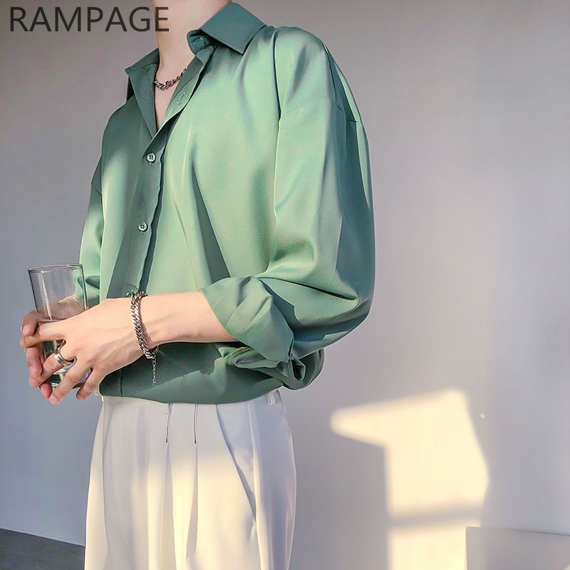 Rampage禁欲系冰丝衬衣气质垂感免烫绿色白衬衫男士长袖韩版宽松