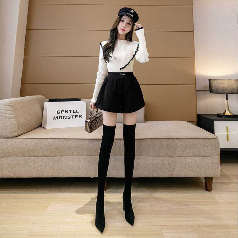 Black gold velvet shorts women's autumn and winter  new Korean version large size elastic waist a-line wide-leg pants leggings boots pants