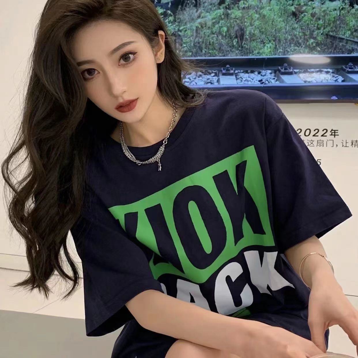 100%純棉短袖女夏2022年新款復古美式oversize百搭休閒體恤上衣服