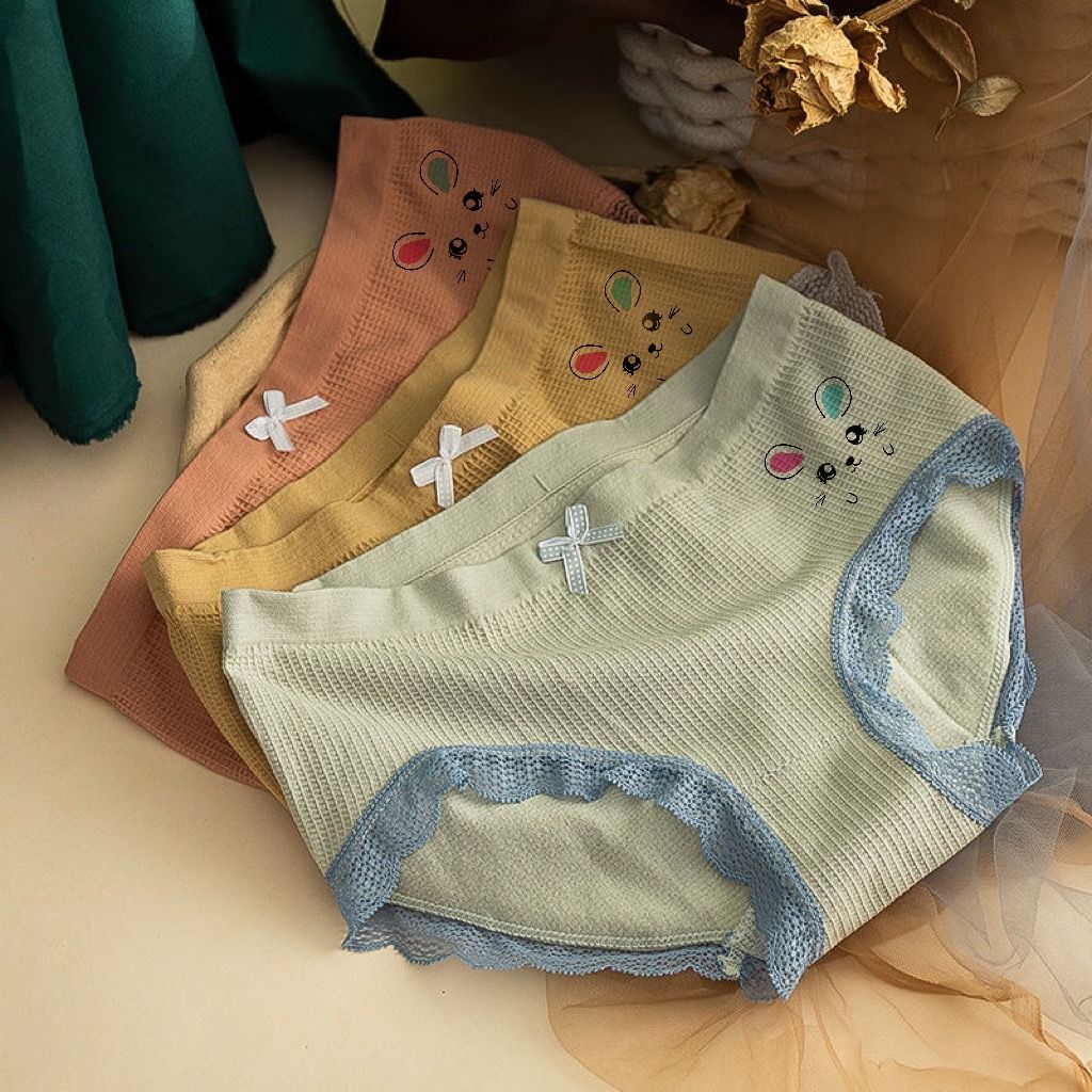 4 pieces of graphene underwear women's mid-waist seamless cotton girls' underwear modal schoolgirl lace edge briefs