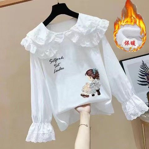 女童衬衣儿童长袖娃娃领加绒上衣秋季童装洋气时髦娃娃衫宝宝衬衫