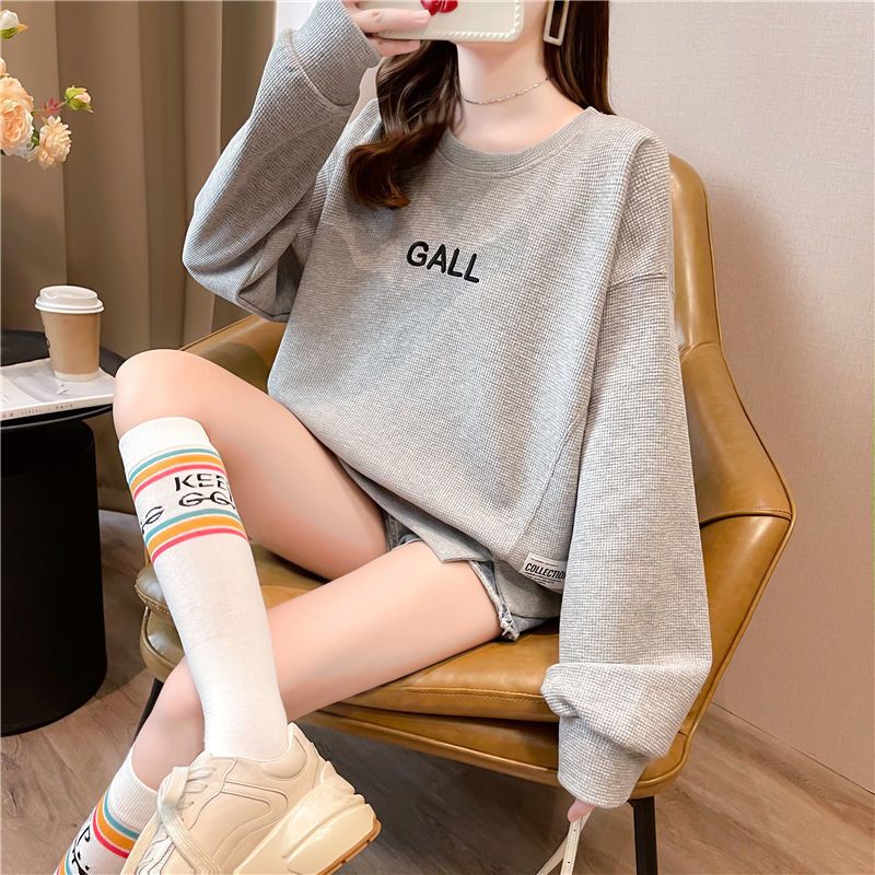 Waffle sweater women's new spring and autumn Korean version loose design sense long-sleeved short large size top ins tide