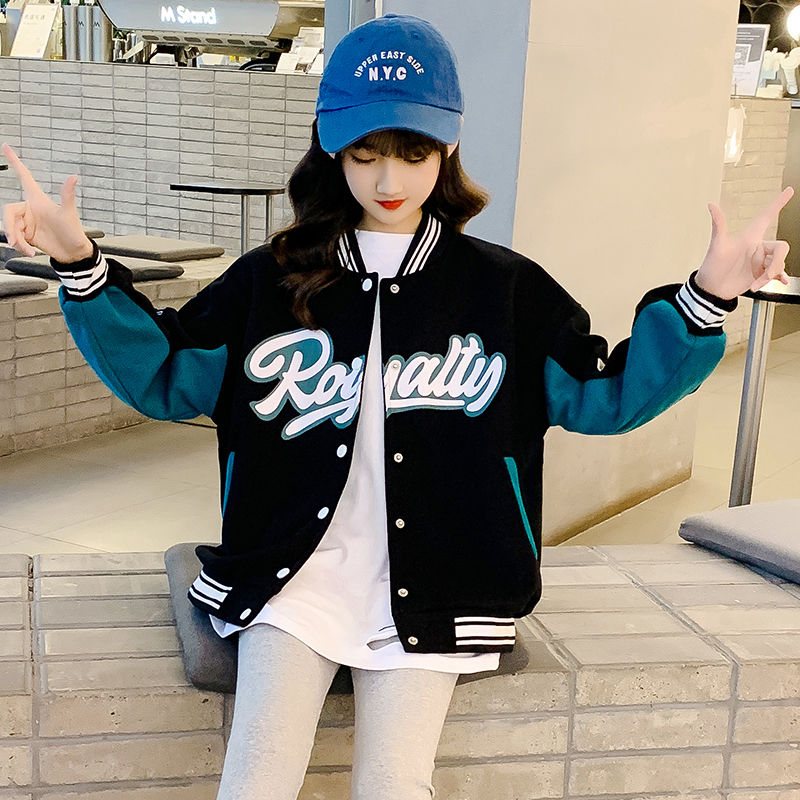 Girls autumn coat 2022 new loose all-match foreign style top middle and big children student alphabet baseball jacket