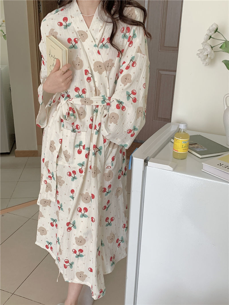 日系睡袍少女春秋新款长袖可爱小熊浴袍长款宽松和服ins风家居服