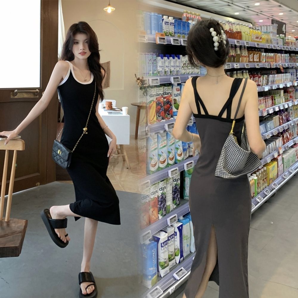 氣質撞色開叉吊帶連衣裙子女夏季辣妹長款包臀裙純欲無袖過膝長裙