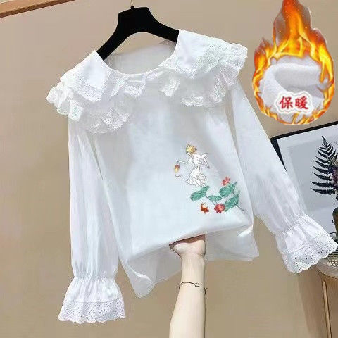 女童纯色衬衫2022春秋新款洋气儿童娃娃领衬衣长袖中大童加绒上衣