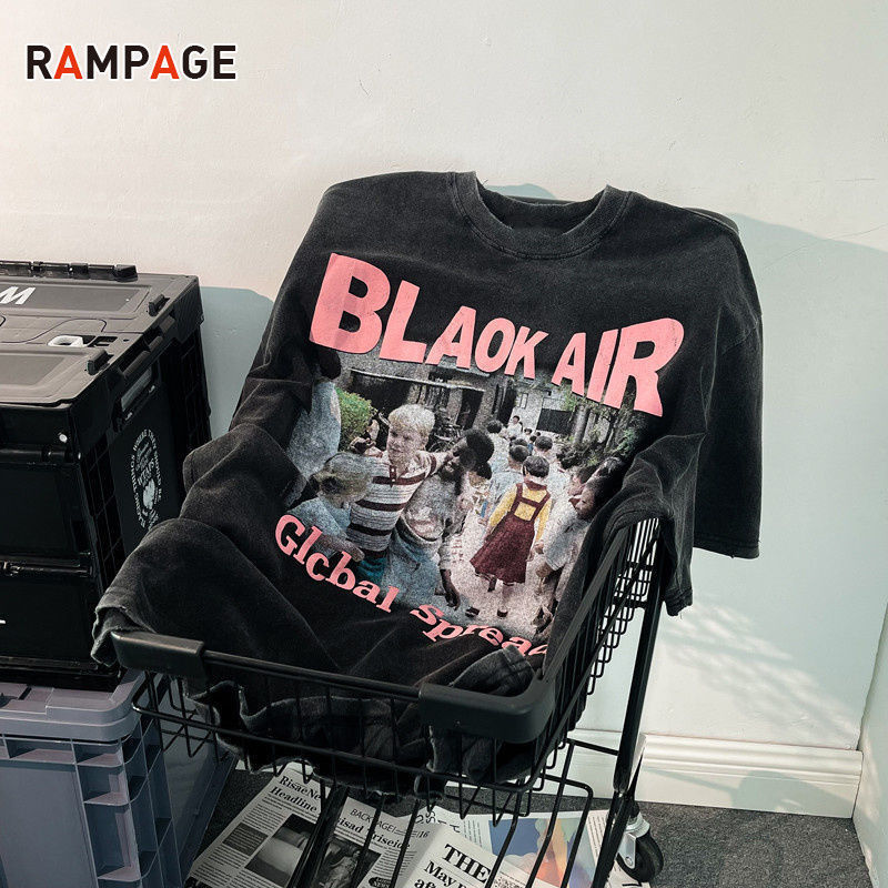 RAMPAGE復古水洗做舊短袖t恤男士夏季歐美潮牌寬鬆嘻哈高街衣服男