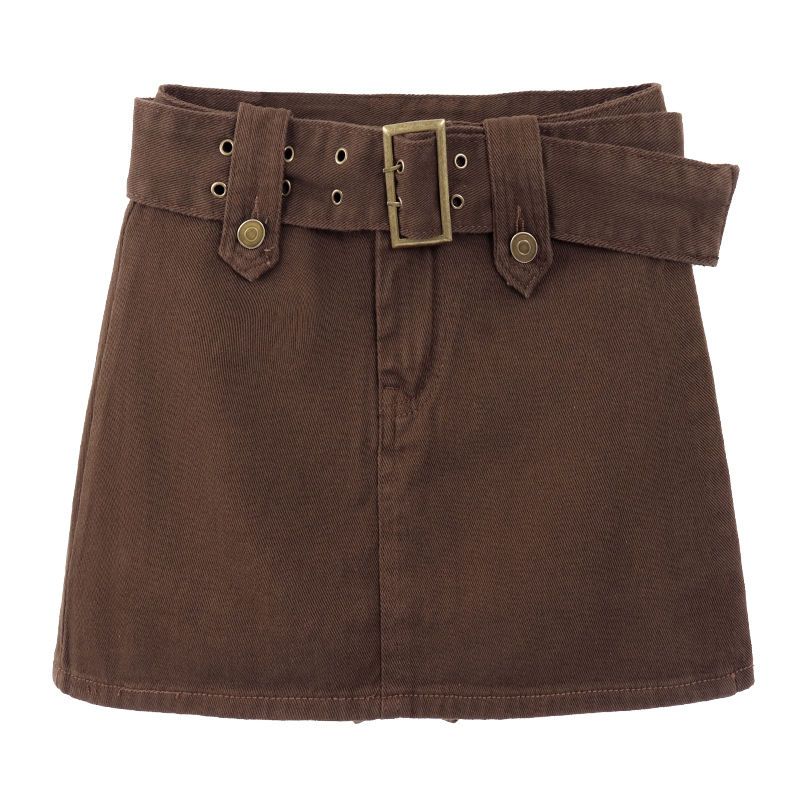 American retro coffee-colored denim skirt for women in summer high-waisted hottie overalls with hip-covering A-line miniskirts