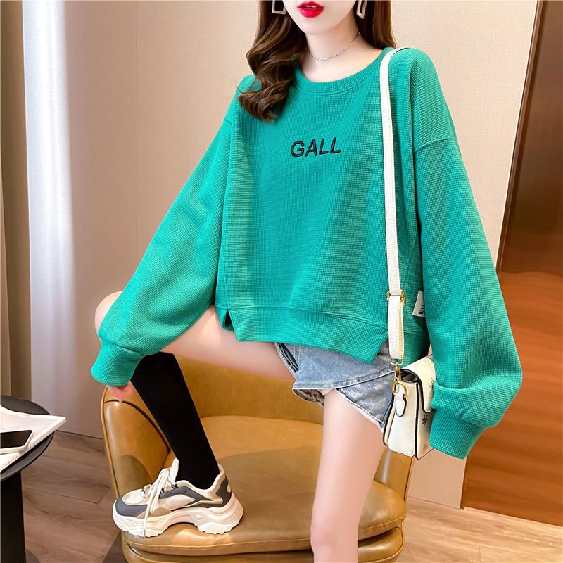 Waffle sweater women's new spring and autumn Korean version loose design sense long-sleeved short large size top ins tide