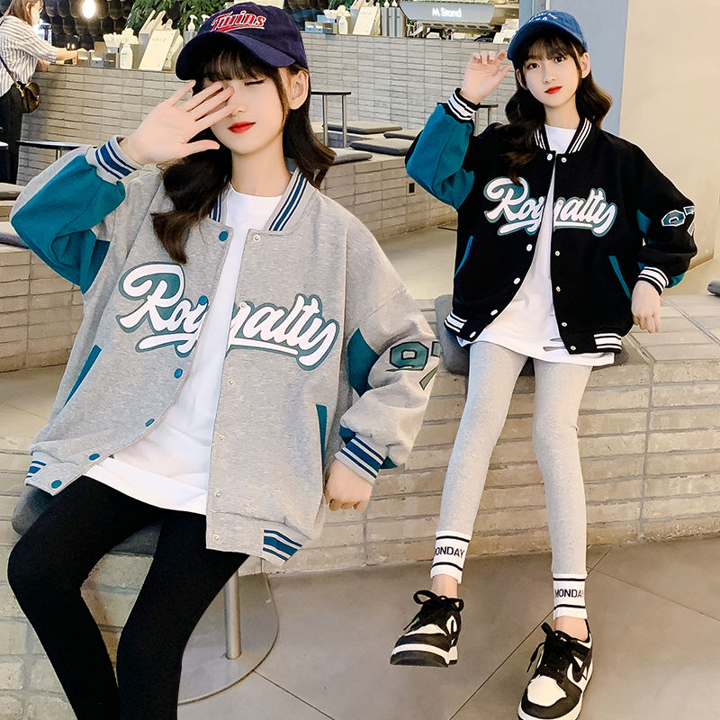 Girls autumn coat 2022 new loose all-match foreign style top middle and big children student alphabet baseball jacket