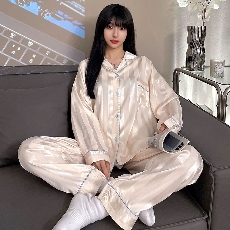 Oshibo ice silk pajamas female spring and summer new long and short-sleeved nightdress cartoon cute student home service can be worn outside