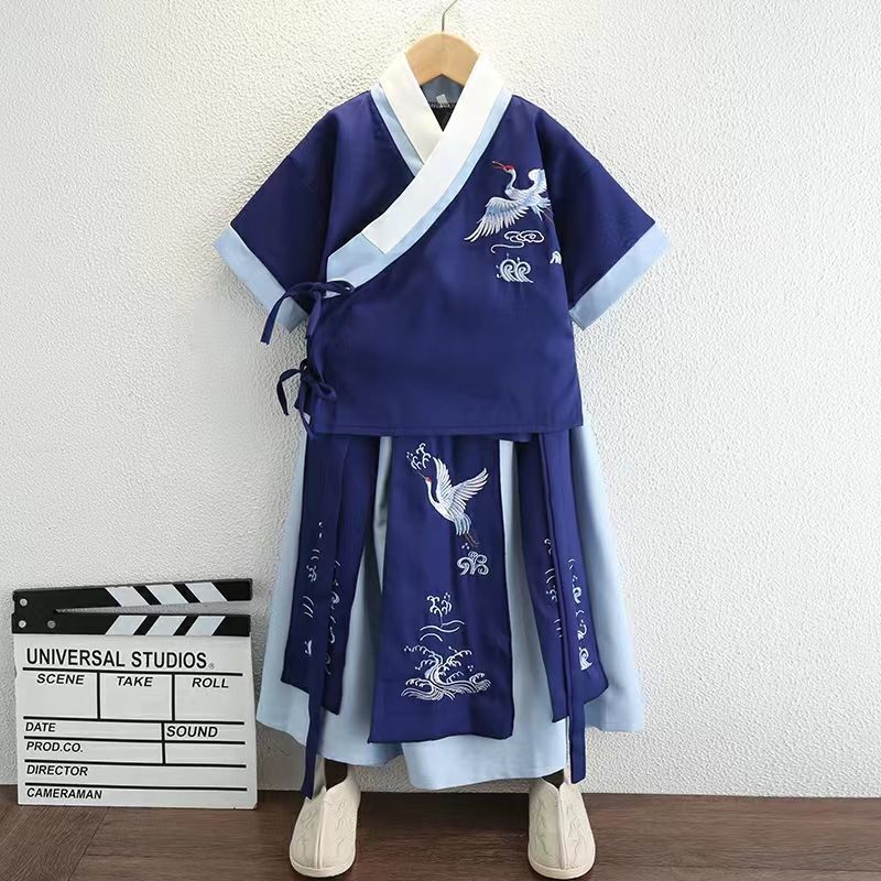 漢服男童中國風夏季兩件套男女童薄款短袖寶寶周歲禮服兒童演出服