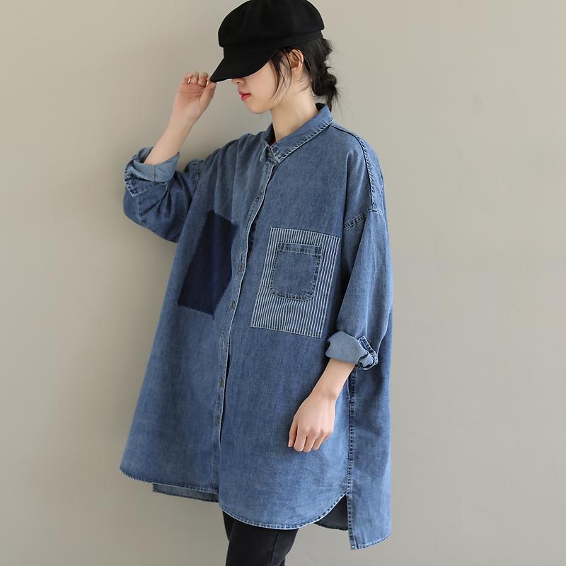 Design sense shirt top women's  new Korean style mid-length chic denim loose jacket denim jacket