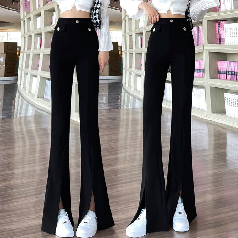 Slit micro boot pants women's  spring and autumn new high waist drape slim slim suit pants black elastic casual pants