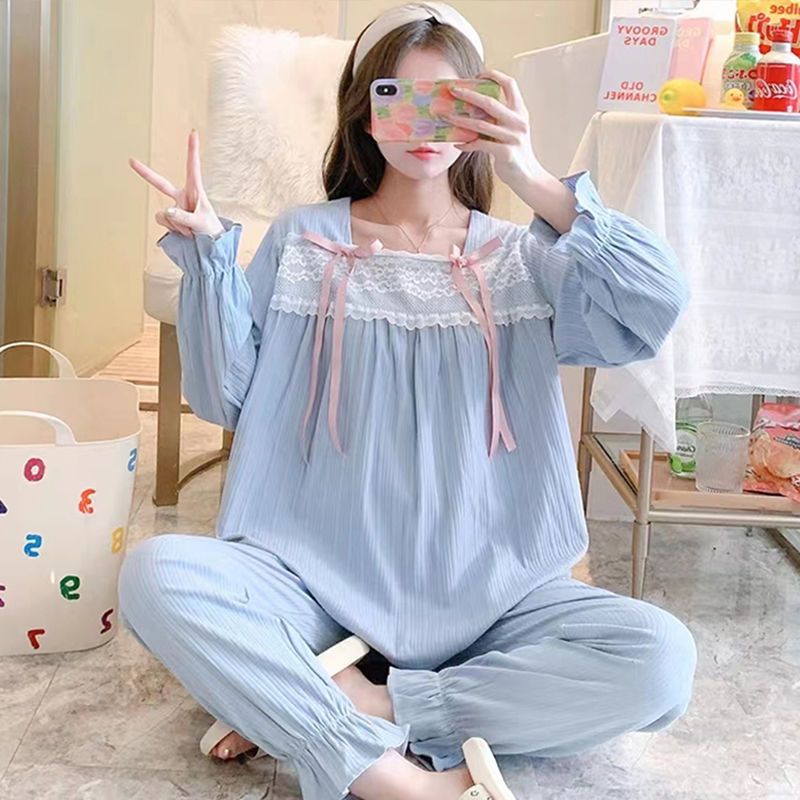 Korean version of pajamas women's autumn and winter sweet and cute lotus leaf edge puff sleeve students large size can be worn outside home service suit