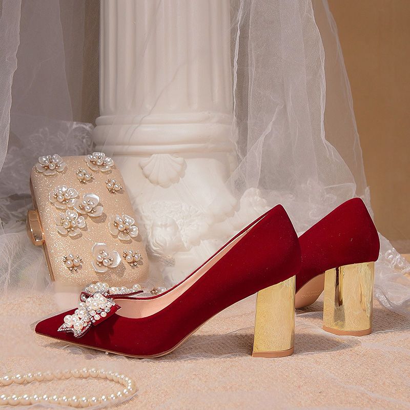 Thick heel wedding shoes women 2023 new Chinese style red wedding bride shoes not tired feet pregnant women can wear high heels