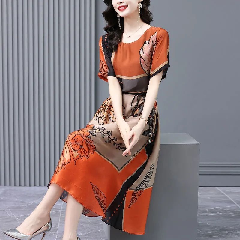 中國風真絲緞面印花連衣裙2023夏季新款時尚大牌氣質洋氣桑蠶絲裙