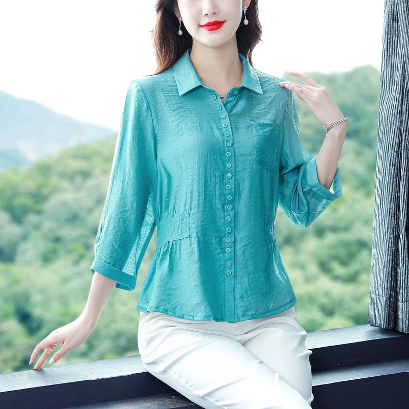 2023春秋新款九分袖棉麻大碼上衣女士遮肚子收腰顯瘦小衫寬鬆襯衣