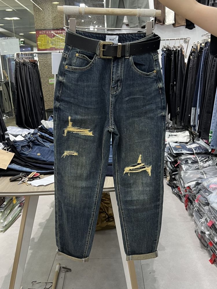 復古藍色牛仔哈倫褲女潮2023夏季洋氣破洞墊布小襠垮褲蘿蔔九分褲