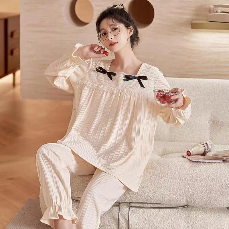 Korean version of pajamas women's autumn and winter sweet and cute lotus leaf edge puff sleeve students large size can be worn outside home service suit