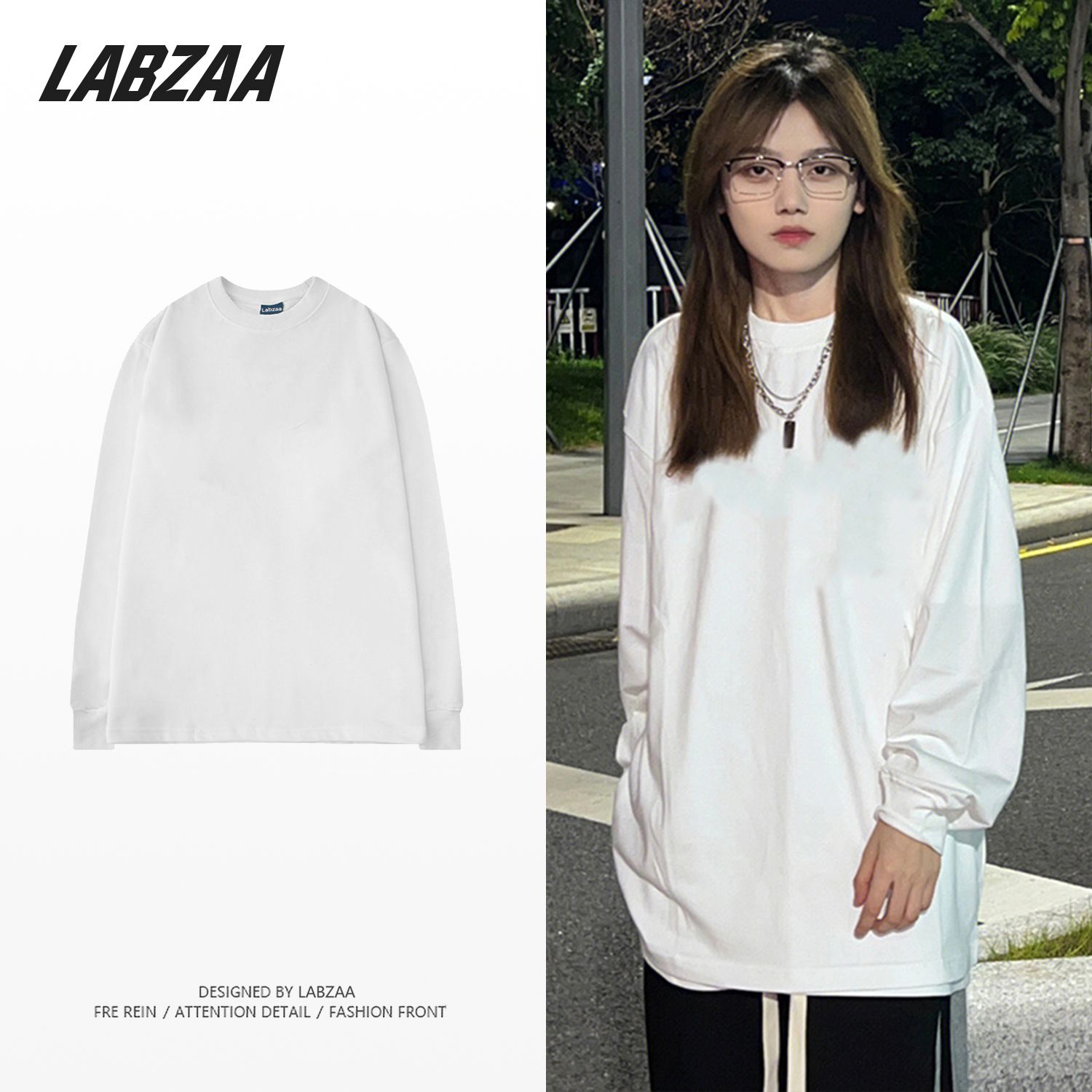 LABZAA純棉純色基礎款長袖T恤女春秋季日系復古通勤百搭休閒上衣