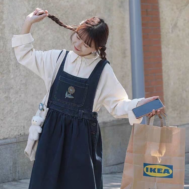 日系甜美清新牛仔背帶裙子2022新款春秋韓版學院風小個子百搭連衣