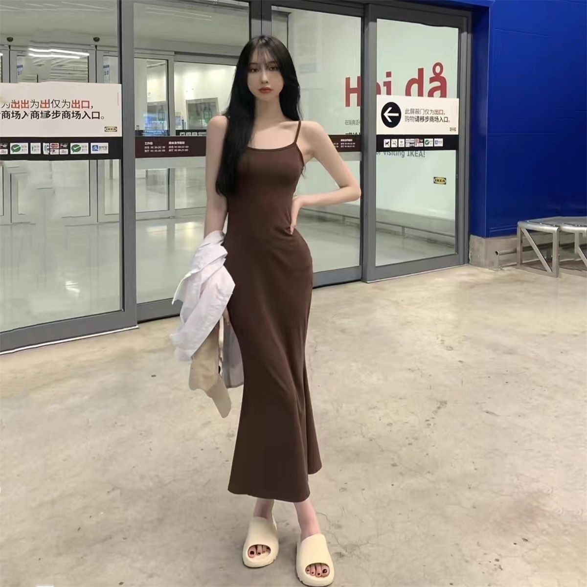 Hot girl slim waist waist vest suspenders spring and autumn dress female Xia Chunyu over the knee bag hip fishtail tight long skirt