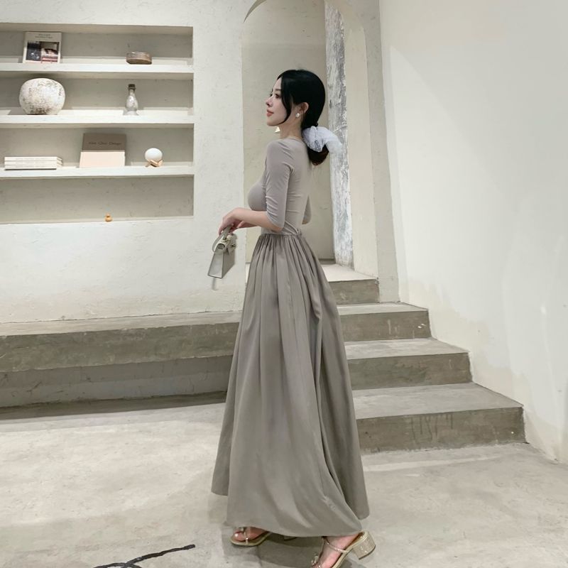Cold style high-end skirt slim temperament slim long skirt waist mopping big swing super long dress female summer